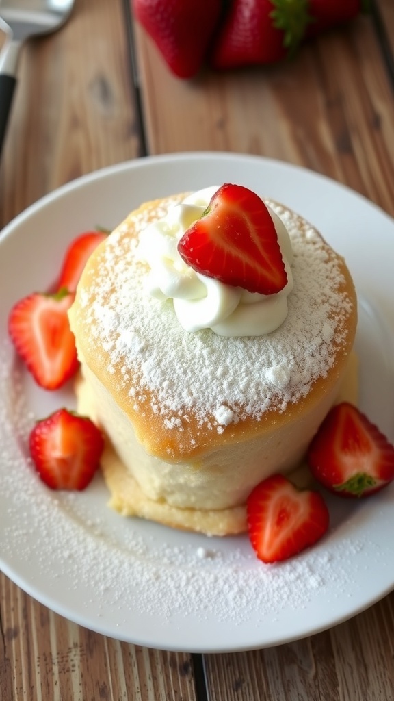 A slice of white cake topped with whipped cream and strawberries on a rustic table.